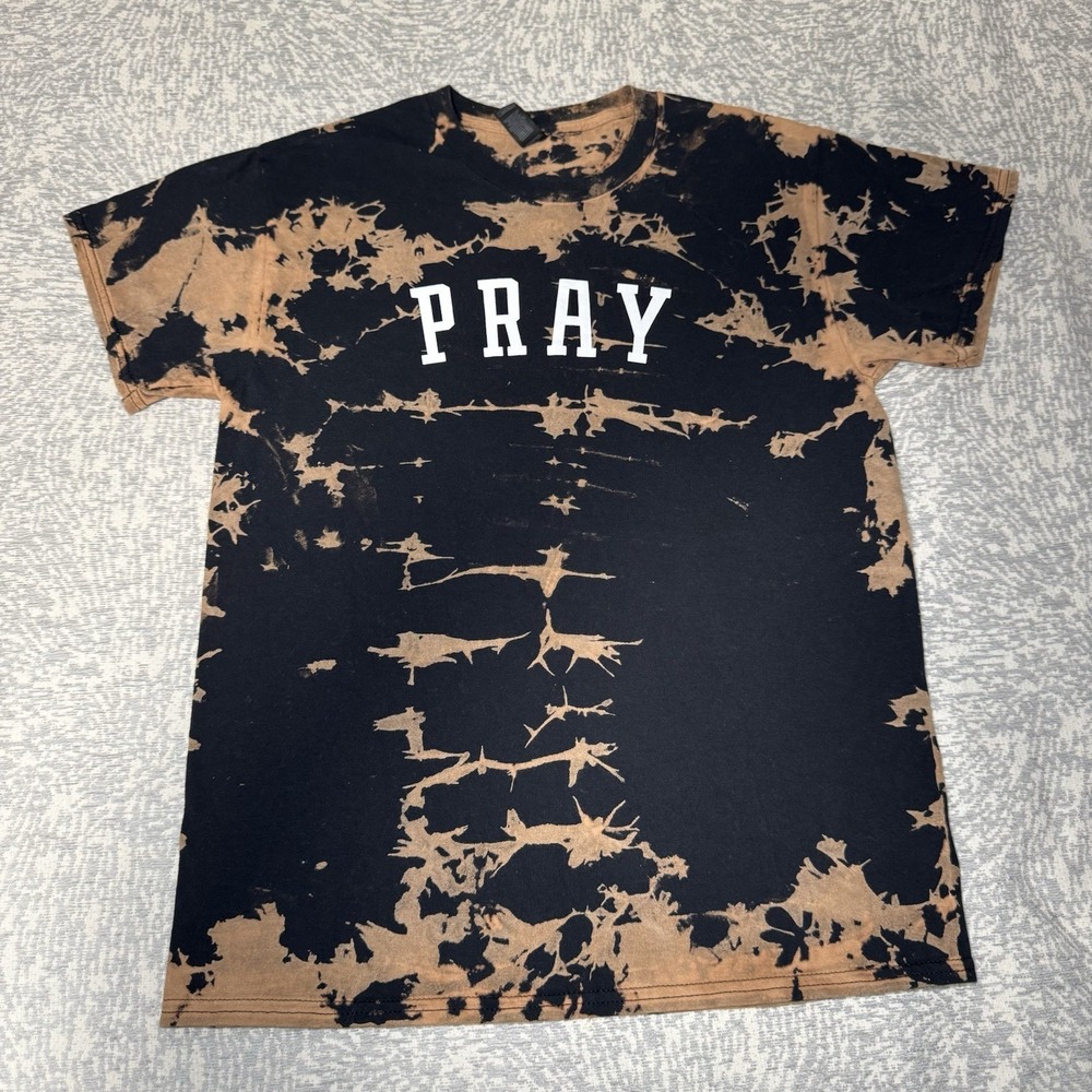 Pray Black Bleached Distressed Graphic T-Shirt Gildan Heavy Cotton Size Medium
